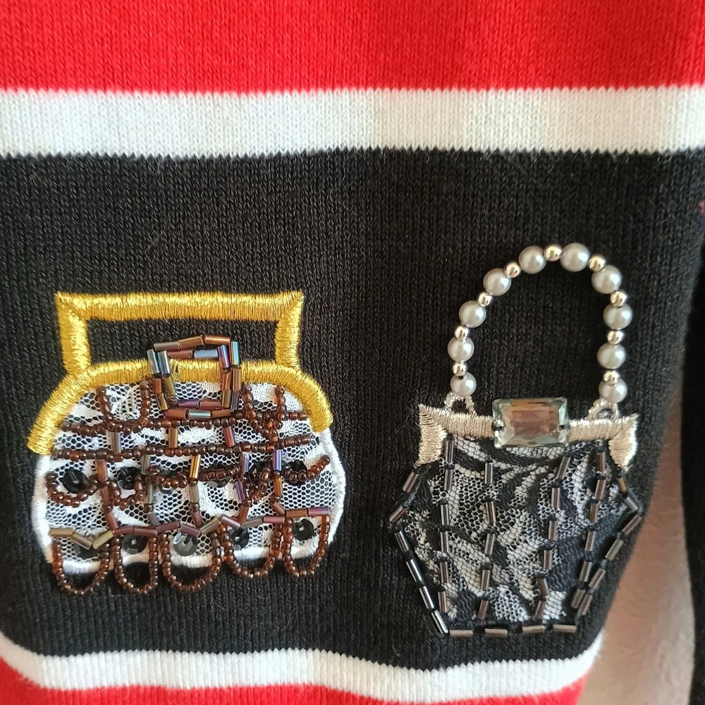 Just B Sequin Beaded Red Black Cardigan Applique Purses Hanging Embellished Sz M
